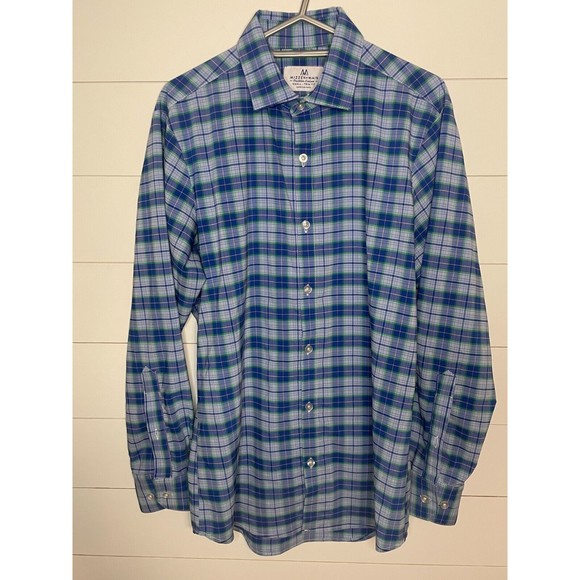 MIZZEN+MAIN Trim Fit Button-Up Shirt   Blue Check Plaid  Poly Spandex  (Men's S) - Picture 1 of 4